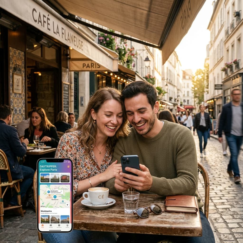Casal usando o app em viagem